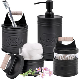 Autumn Alley Rustic Bathroom Accessories Set of 4 – Black Soap Dispenser, Rustic Toothbrush Holder, 2 Apothecary Jars Qtip Holders – Rustic Bathroom Decor – Farmhouse Bathroom Accessories