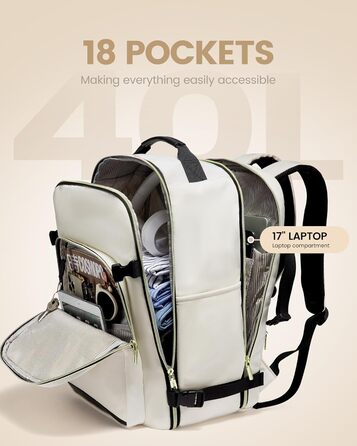 Рюкзак LOVEVOOK для ручної поклажі в літак, 40L, великий, для жінок, валіза-рюкзак, водонепроникний, для ноутбука 17 дюймів, для подорожей, бізнесу, роботи, відпочинку, хайкінгу, weekend (M, Бежевий+чорний)