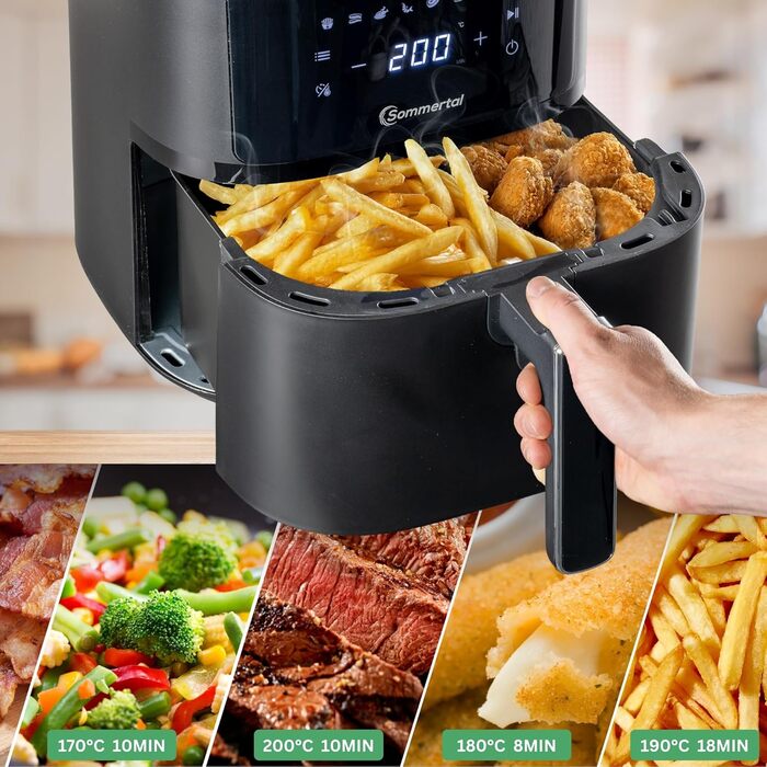 Фритюрниця без олії Sommertal HF760-7,6L XXL Airfryer з сенсорним екраном, 8 програм, 2000 Вт - економна та здорова, велика фритюрниця