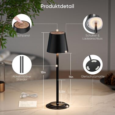 Настільна лампа бездротова акумуляторна 5200mAh, металева, з димером та регулюванням висоти, чорна з дерев'яними елементами для дому та кемпінгу