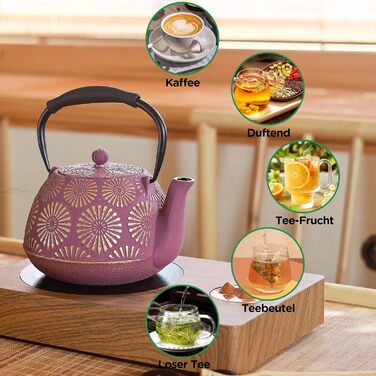 MILVBUSISS Cast Iron Teapot, 1200 ml, Large Capacity, Stovetop Kettle with Infuser, Japanese Teapot for Loose Leaf Tea, Enameled Interior Coating, Silicone Handle, Pink