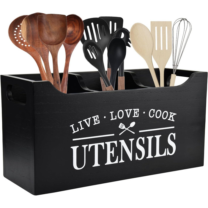 Karisky Kitchen Utensil Holder with Drainage Bottom, Large 3-Compartment Solid Real Wood Utensil Organizer for Countertops, Cooking Tools for Farmhouses for Worktops (Black)