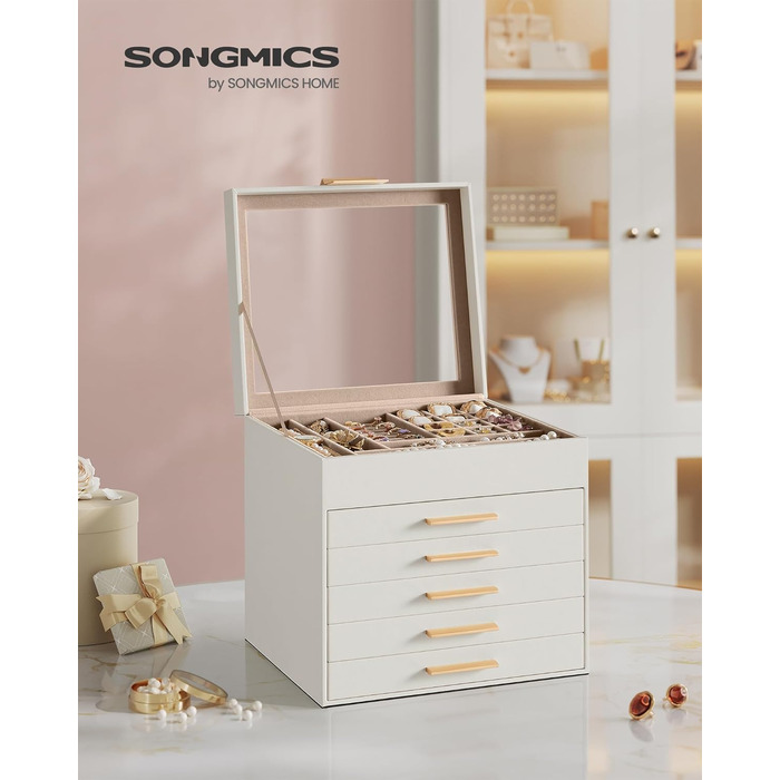 SONGMICS Скринниця для прикрас з 3 рівнями, скляною кришкою та 2 шухлядами, органайзер для ювелірних виробів, білий + золотий, JBC239WT