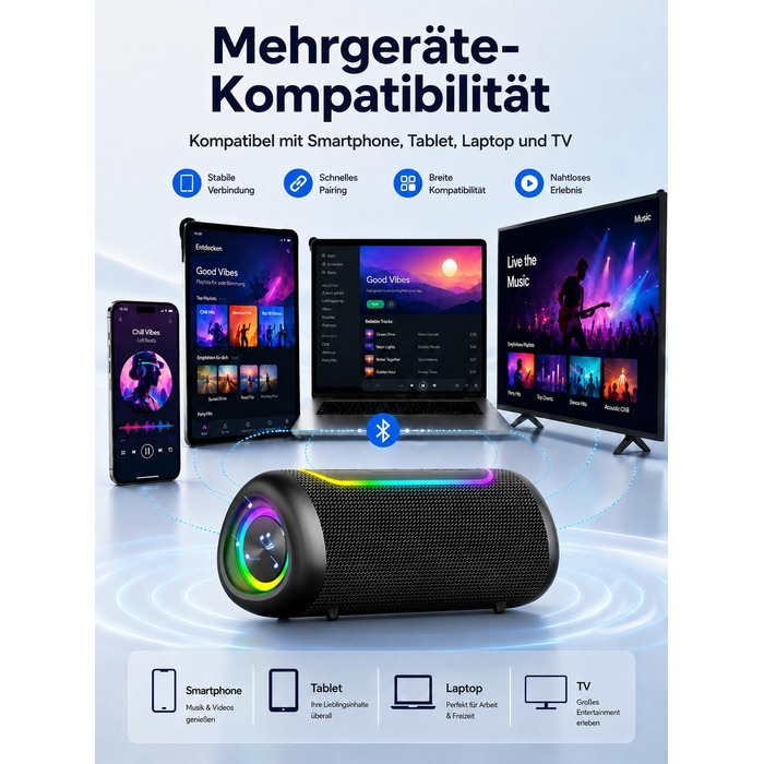 Портативна Bluetooth колонка UOHHBOE 30W, чорна: музика до 30 годин, RGB підсвічування, IPX5 водонепроникність