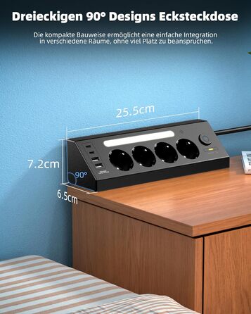 Кутова мережева розетка з USB та 2 Type-C, 4 слоти, з вимикачем, захист від перенапруги, LED, кабель 1.8м