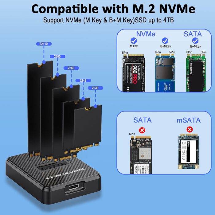 Зовнішній корпус-док-станція M.2 NVMe та SATA на USB-C, адаптер для SSD з підтримкою Dual-Protocol, швидкість 10 Гбіт/с, сумісність з M Key, B+M Key (2280, 2260, 2242, 2230)