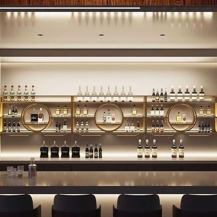 Металева вітрина для вина на стіну, кругла, 140x15x80 см, золото. Підійде для бару, ресторану, дому. Багатофункціональна полиця для зберігання.