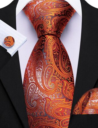 Набір краваток Barry.Wang для чоловіків з візерунком пає, тканина - шовк, з чохлом, краваткові затискачі, формальний стиль (оранжево-смугастий)