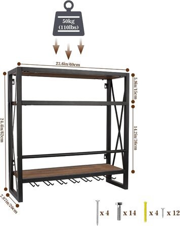 Wall-Mounted Wine Rack with Glass Holder, Wood and Metal Bottle Shelf with 3 Levels for 12 Bottles, Wine Stand with Cup Shelf, Suitable for Kitchen, Maximum Load Capacity 50 kg, 60*20*62 cm