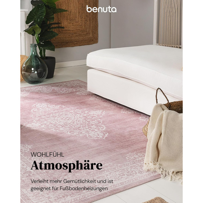 benuta pop Laury Rug - Synthetic Fiber - Rectangular & in Vintage Style - Easy Care for Living Room, Bedroom, Pink, 160x230 cm 160 x 230 cm (Rectangular) Pink