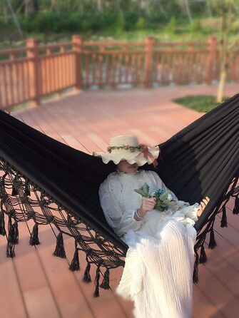 Гамак для дому та вулиці Boho макраме подвійний великий бавовняний м'який для двох осіб 200x150 см, до 200 кг (Чорний)