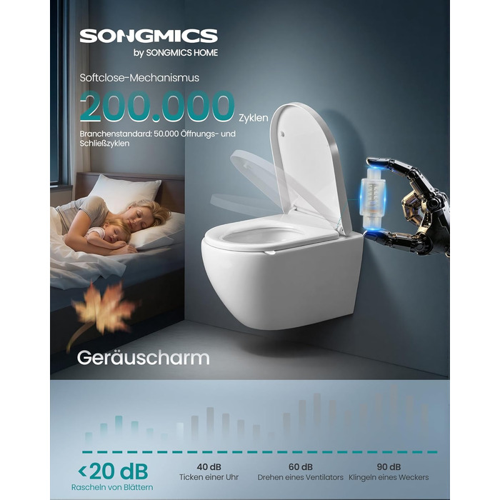 Кришка для унітаза SONGMICS з мікроліфтом (сидіння з плавним закриванням), знімна, з ручкою, матеріал PP-пластик, витримує до 300 кг, біла, D-подібна подовжена BTL001WZ01
