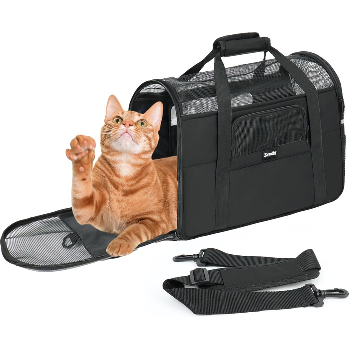 Транспортна сумка для котів та собак, дихаюча та легка, переноска для котів з регульованим плечовим ременем, знімний м'який матрац (Чорний, M)
