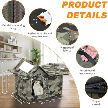 Кіт Будинок для вулиці, зимостійкий, знімні подушки, захист від холоду для котів, з дверними завісами, легко збирається, зелений, 33 x 38 x 43 см