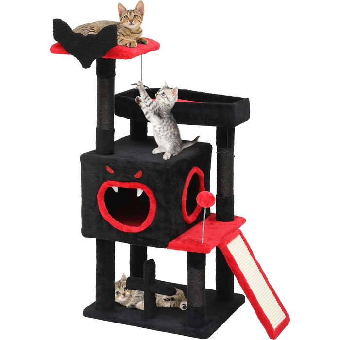 Кігтеточка YITAHOME Готичний XL, 160 см, з 4 колонами з сизалю, 1 дощечкою для шліфування, гамаком, 2 кулями-мавпами, платформами-ліжками, для шліфування, чорна (40 x 48 x 111 см)