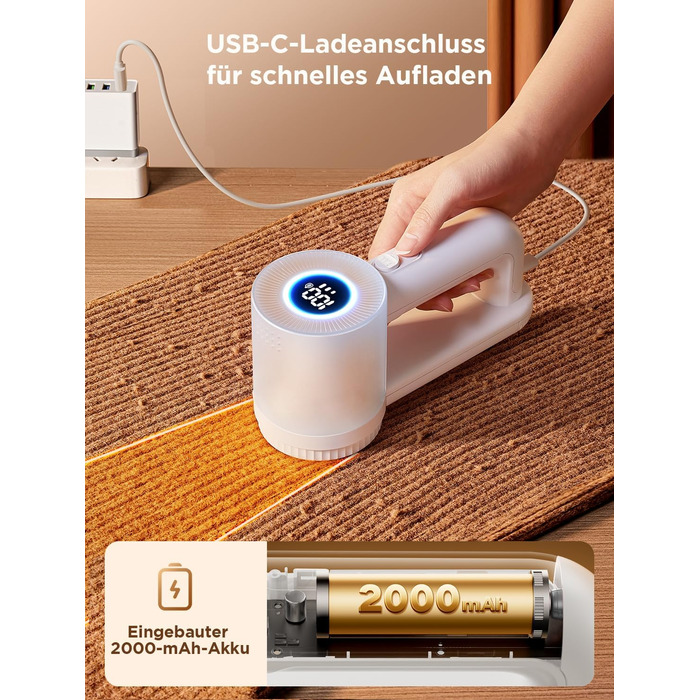 Електричний видальник ворсу 2-в-1 з трьома швидкостями для всіх тканин, з цифровим дисплеєм, 3 леза, USB-C кабель (Білий)