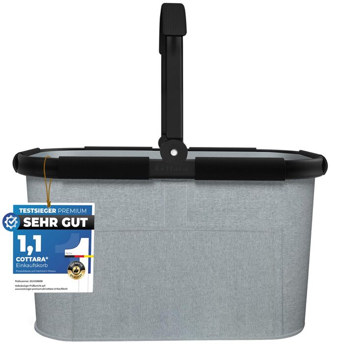 Великий стабільний кошик для покупок | Кошик-сумка з ручками та посиленим дном, передньою кишенею та внутрішньою кишенею на блискавці | Ідеально як сумка для покупок, кошик для пікніка або шопер (Сірий)