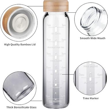 1 Liter Drinking Bottle Glass with Straw & Time Marker, 1L Motivational Glass Water Bottle with Protective Sleeve, Borosilicate Glass Bottle for Carbonated Drinks, Leak-Proof (Gradient Black)