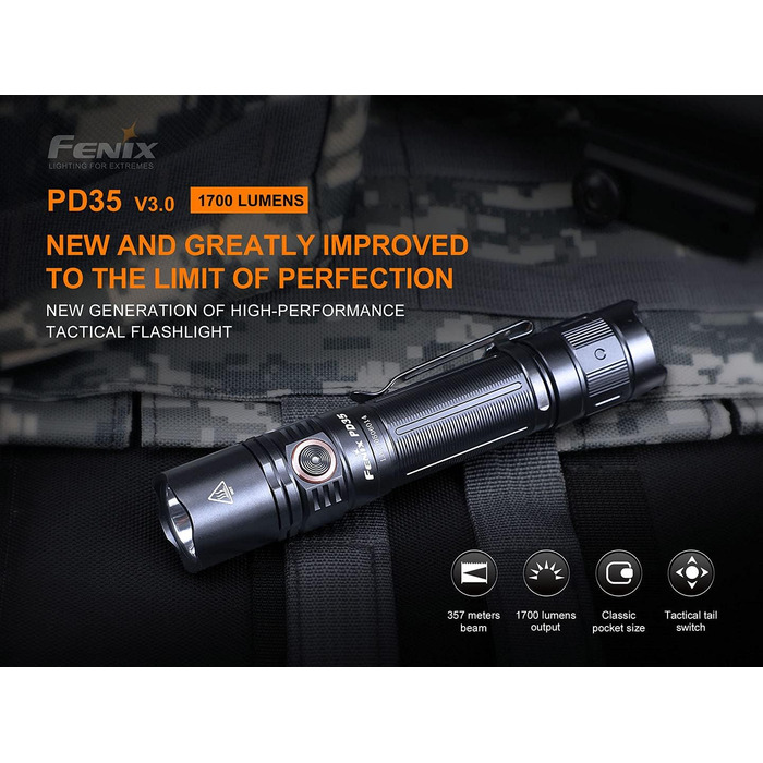 Ліхтарик Fenix PD35 V3.0 LED тактичний, 1700 люмен, 357 м, IP68, 5 режимів, чорний