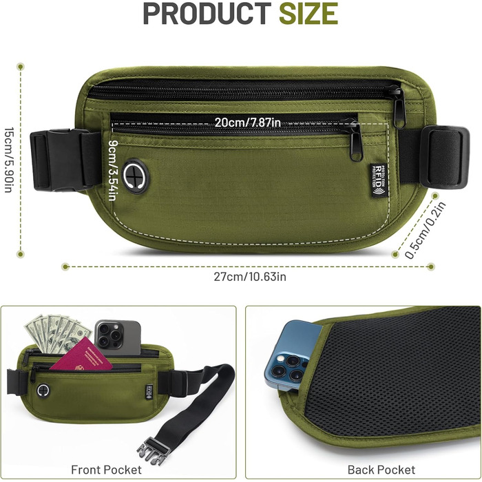 Водонепроникна поясна сумка з RFID захистом та антикрадіжною системою для подорожей та спорту (оливковий)