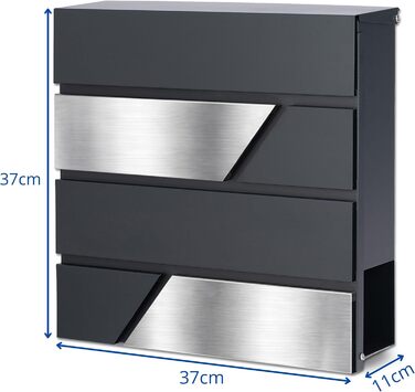 Поштова скринька Verda з газетницею, антрацит RAL 7016, срібло, 37x37x11 см, 2 ключі, комплект для монтажу. Дизайнерська настінна поштова скринька