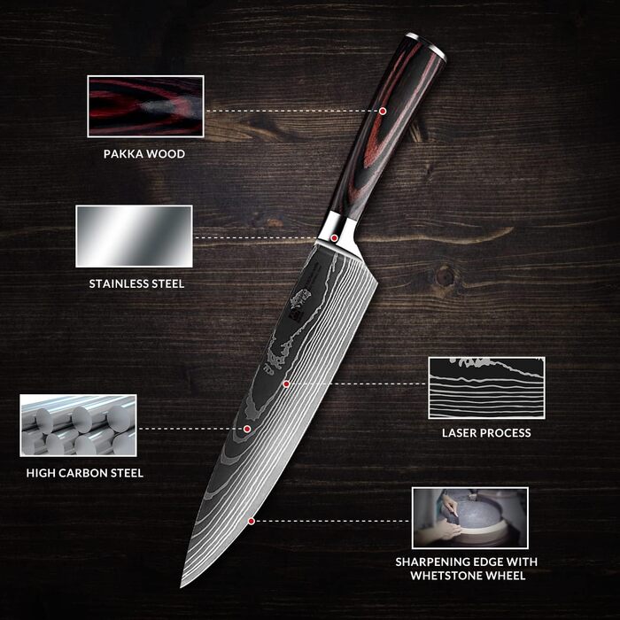 Набір професійних кухонних ножів | Шеф-ніж, Сантоку, хлібний ніж та інші | Нержавіюча сталь з лазерним візерунком, ручки з пакавуду | Подарунковий набір