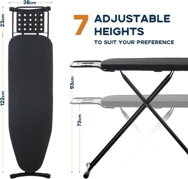 Гладильна дошка велика з підставкою для праски, 121×41 см, складна, для парогенератора, регульована по висоті, чорна