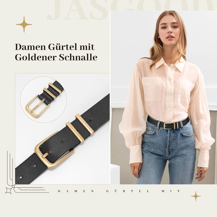 Жіночий шкіряний ремінь JasGood з золотою пряжкою, чорний колір, розмір M (76-90 см)