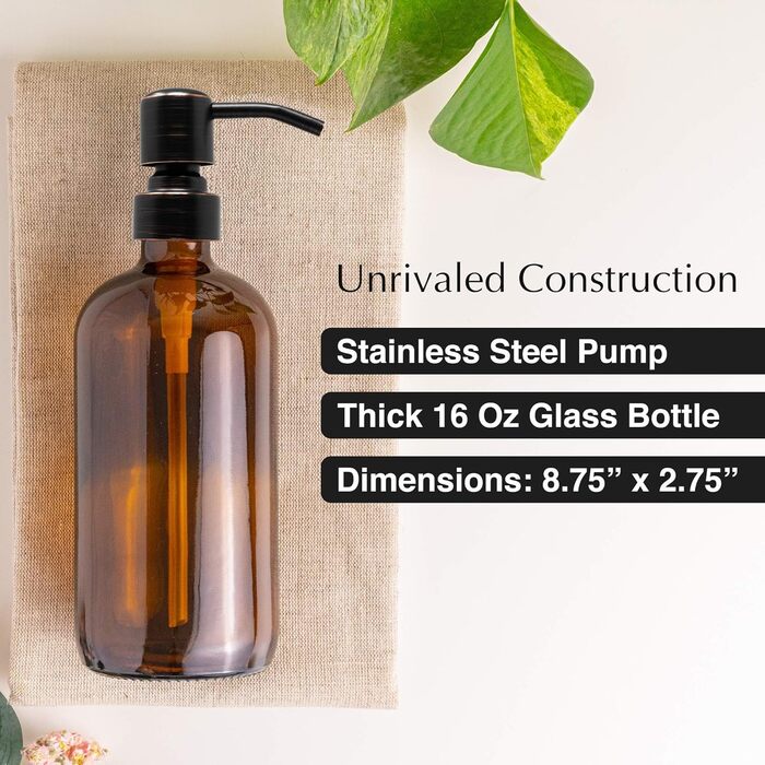 Bernstein Glass Soap Dispensers, 2 Pack, Thick 473 ml Bottles, Stainless Steel Pump, Modern Farmhouse Vintage Glass, Kitchen, with Waterproof Labels (Round Oiled Bronze)