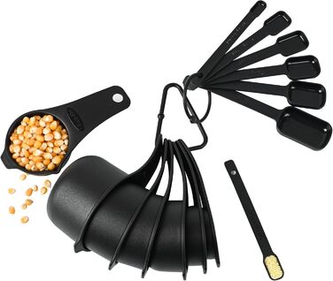 Black Measuring Cup and Spoon Set, 15 Pieces, Plastic, BPA-Free, Stackable, for Baking and Cooking