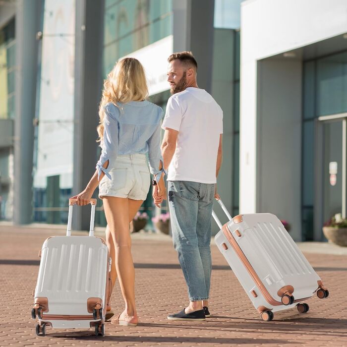 Набір валіз LALAHO 4 шт. з косметичками, з ABS пластику, рожеве золото (бежево-коричневий, смужки)