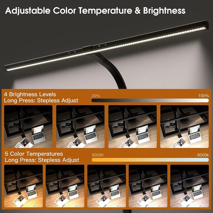 LED лампа настільна з авторегулюванням яскравості, 80 см, кріплення-прищіпка, регулювання колірної температури, захист для очей, денне світло, таймер, матовий чорний