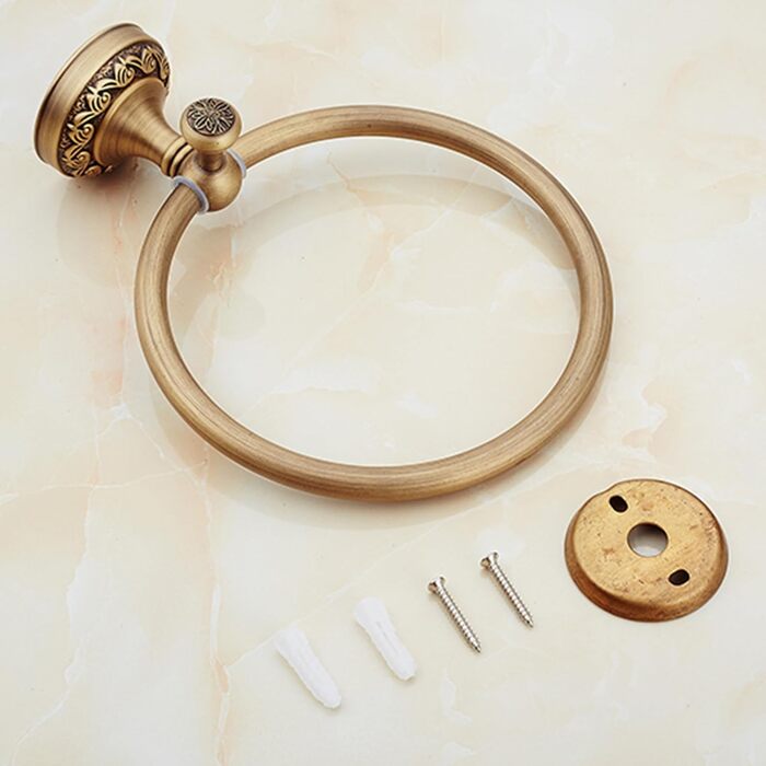 Brass toothbrush holder, antique bronze finish, cup holder with white ceramic cup, wall-mounted, bathroom accessory, patterned carving design (towel ring)