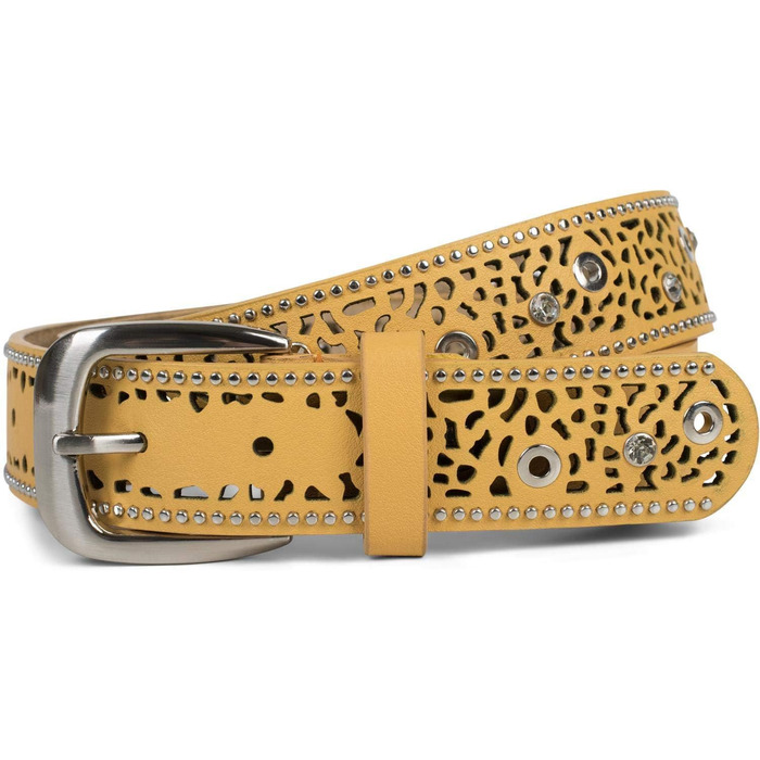 Жіночий пояс styleBREAKER з вирізами, стразами та заклепками, вінтажний, регульований, колір: гірчичний