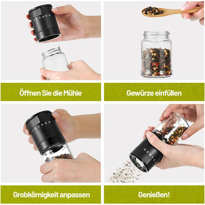 Набір з 2 перцемолок з керамічним механізмом та 6-ступеневим регулюванням – великі соляні та перцеві млини, чорний матовий, ручні, регульовані та з можливістю поповнення. Багатофункціональні