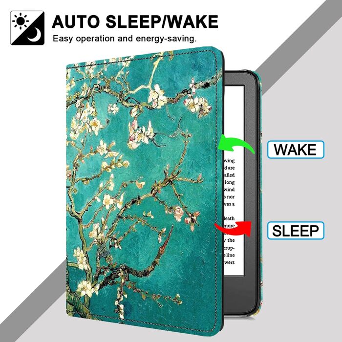 Чохол TOKILO для Kindle 6' eReader (11-те покоління 2024/2022), преміум шкіряний чохол з авто-ввімкненням/вимиканням, підставка, кишеня для карток, чорний (квіт Aprikosenblüte)