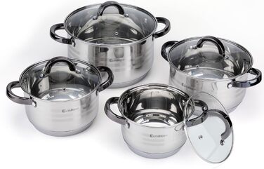 Набір каструль та сковорідок EliteHoff Induktion (8 предметів) з нержавіючої сталі, з кришками та чорними ручками, для всіх типів плит