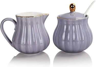 Sweejar Home Royal Ceramic Sugar and Creamer Set, 3-Piece Set with Cream Pitcher, Sugar Bowl, Sugar Set with Lid and Spoon (purple)