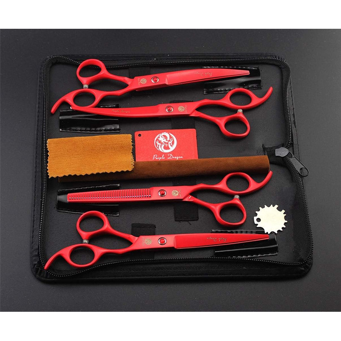 Набір професійних ножиць для собак Purple Dragon 7.0 дюймів: набір для грумінгу з ножицями для фінальної обробки, вигнутими ножицями для грумінгу, японська сталь 440C (червоний/Ausflug)