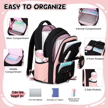 Шкільний рюкзак для дівчинки 1-5 клас, стильний рюкзак у школу та подорожі, з милим гаманцем (чорно-рожевий)
