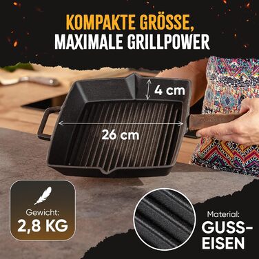 Чавунна гриль-сковорода емальована 26 см, з рифленим дном для стейків, підходить для всіх плит