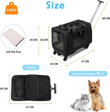 Переноска для тварин ALLSOPETS з колесами для котів та собак, схвалена для авіаперельотів, з висувним ручками, знімними колесами та плечовим ременем, сіра