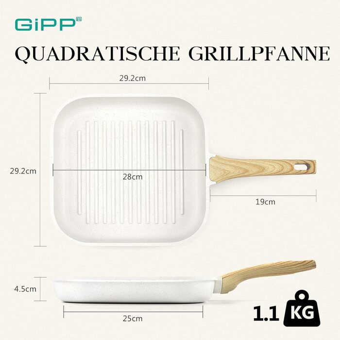 Сковорода-гриль GiPP 28x28 см, алюмінієва з гранітним антипригарним покриттям, для індукції, без PFOA, універсальна, легка у догляді, біла