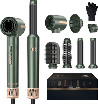Atopskins Hairstyler: Фен-щітка 7-в-1 для створення зачісок, 110000 RPM, з іонізацією, дифузором, локонами, об'ємом, випрямленням, для волосся, зелений