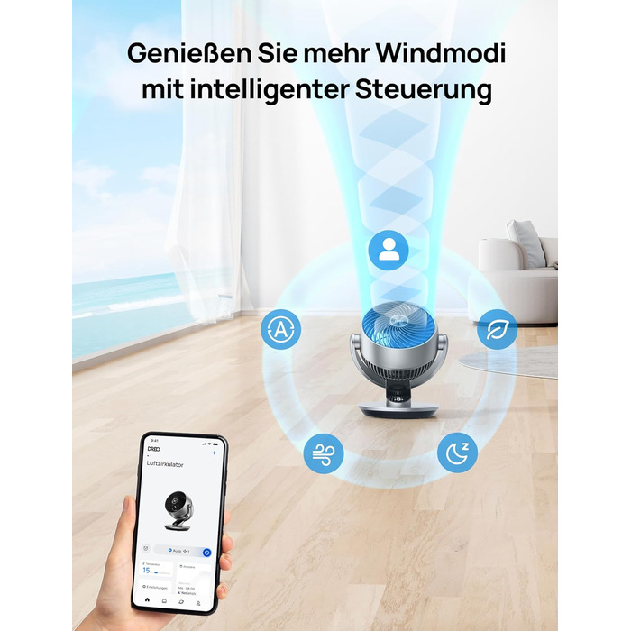 Вентилятор настільний Dreo Lynx S (срібний) – тихий, розумний, з пультом, 21 м, 4 швидкості, 5 режимів, таймер 12 год