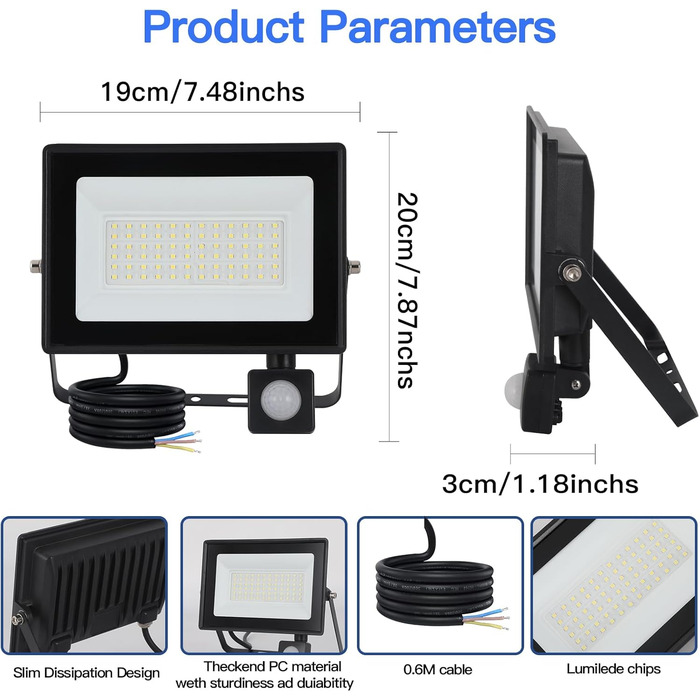 LED Floodlight 50W, Outdoor 5000LM, Spotlight 72 LED IP65 Waterproof, Outdoor Floodlight 6500K Cold White, 230V for Garage, Garden 【2 Pieces Black】 (50wgj 6500k Cold White, Motion Sensor)