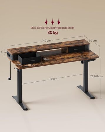 Електричний регульований стіл VASAGLE 140x60 см, vintage brown, з підставкою для монітора, розетками, гачками, пам'яттю висоти