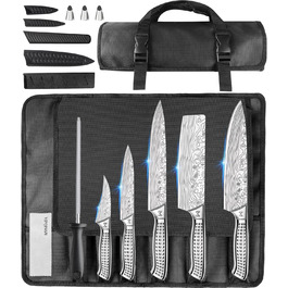 MOSFiATA 17-Piece Professional Kitchen Knife Set with Titanium Coating - Stainless Steel Chef Knife Set with Scissors, Finger Guards & Gift Box (Includes 10 Outdoor Knives)
