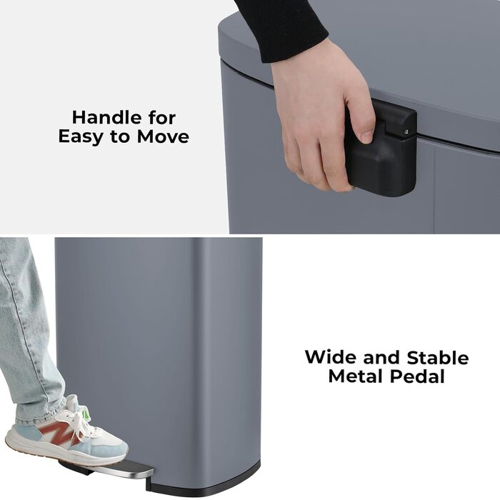 Відро для сміття LIFERUN 30л з кришкою, з м'яким закриттям, сталеве, з внутрішнім відром, для кухні, ванної кімнати, офісу (L-50L, сірий)