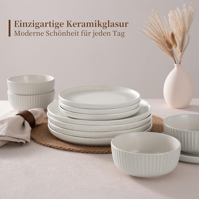 Набір посуду Starlight, 18 предметів: тарілки для 6 осіб, рельєфний, мікрохвильова піч та посудомийна машина, анти-подряпини, реактивна глазур, матовий бежево-білий